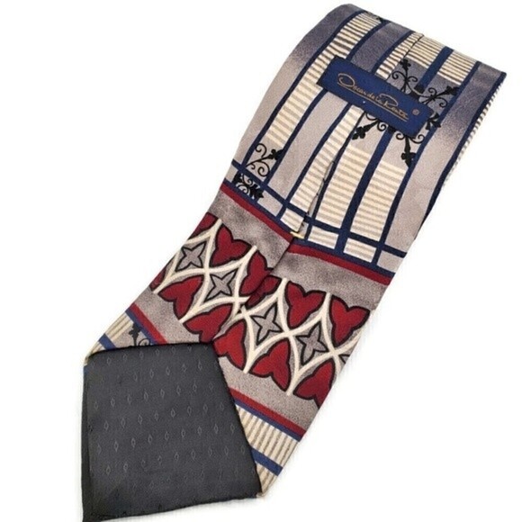 Oscar de la Renta Silk Neck Tie in Black, Grey Red, Blue & Ivory - Picture 3 of 8
